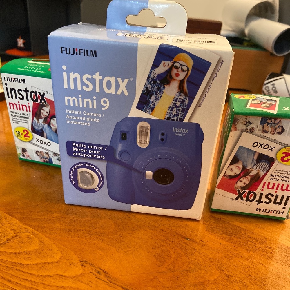 Cobalt blue Instax mini 9 w/ selfie mirror and two boxes of film